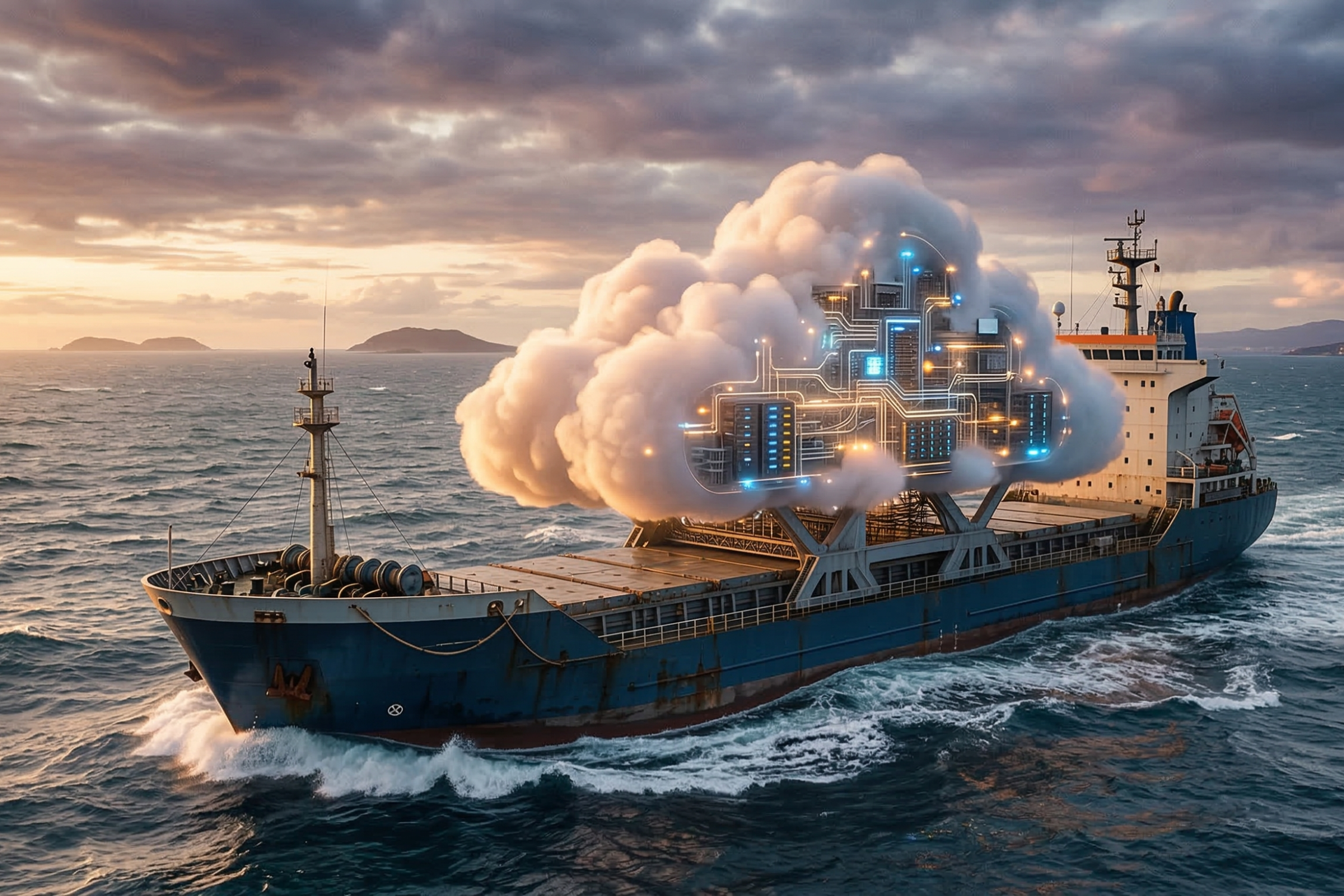 A large, glowing digital cloud integrated with glowing circuit lines and data nodes, resting on the deck of a massive cargo ship navigating through a deep blue sea at sunset.