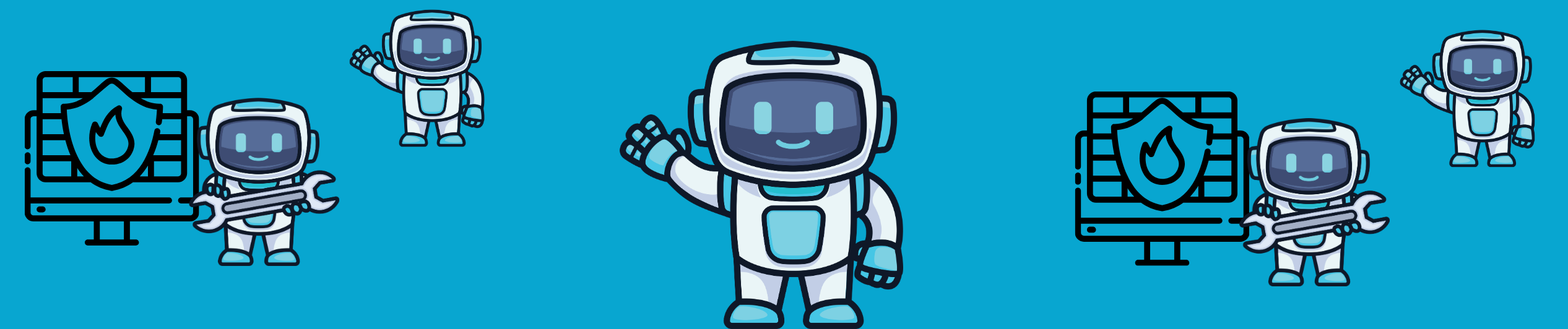 A friendly illustration of two robots. One robot is using a wrench to secure a firewall on a monitor, representing SecOps, while another robot waves in the background, representing AI agents. This illustrates the transition from blocking bots to managing AI traffic intent on AWS.