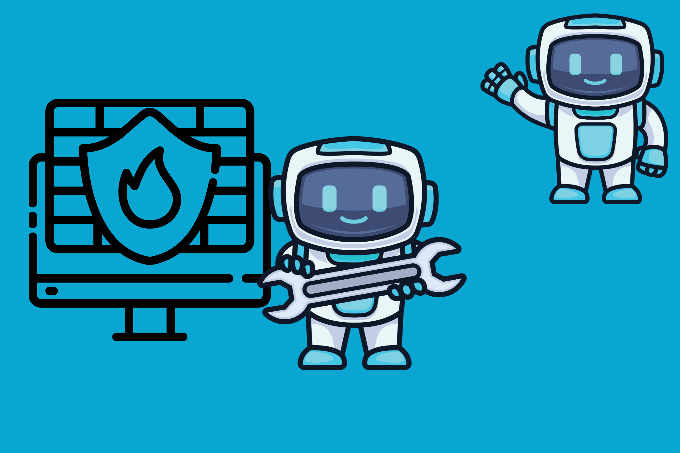 A friendly illustration of two robots. One robot is using a wrench to secure a firewall on a monitor, representing SecOps, while another robot waves in the background, representing AI agents. This illustrates the transition from blocking bots to managing AI traffic intent on AWS.