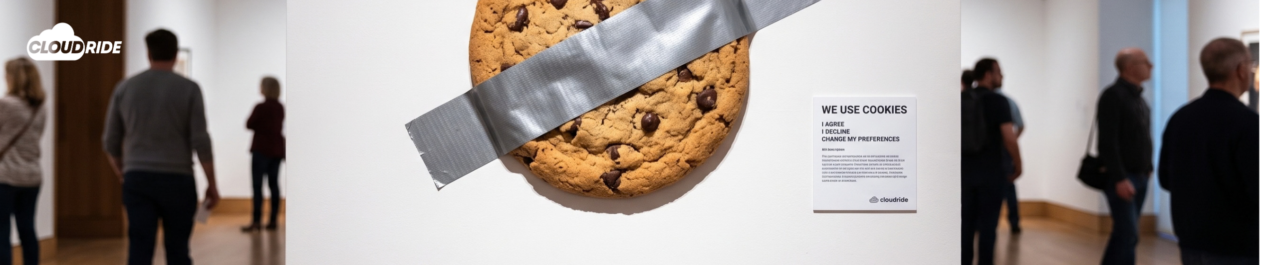 A giant chocolate chip cookie duct-taped to an art gallery wall representing the Cookie Banner Paradox in data privacy compliance.