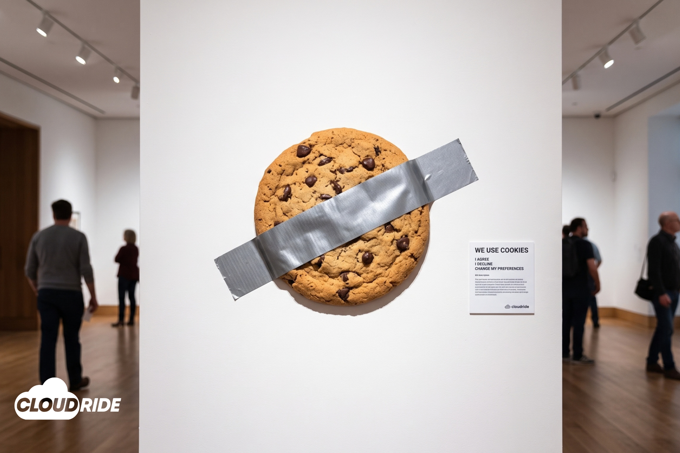 A giant chocolate chip cookie duct-taped to an art gallery wall representing the Cookie Banner Paradox in data privacy compliance.